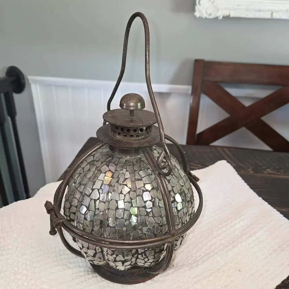 Caged Mosaic Glass Metal Lantern Footed Base Tea Light Pillar Candle Hanging